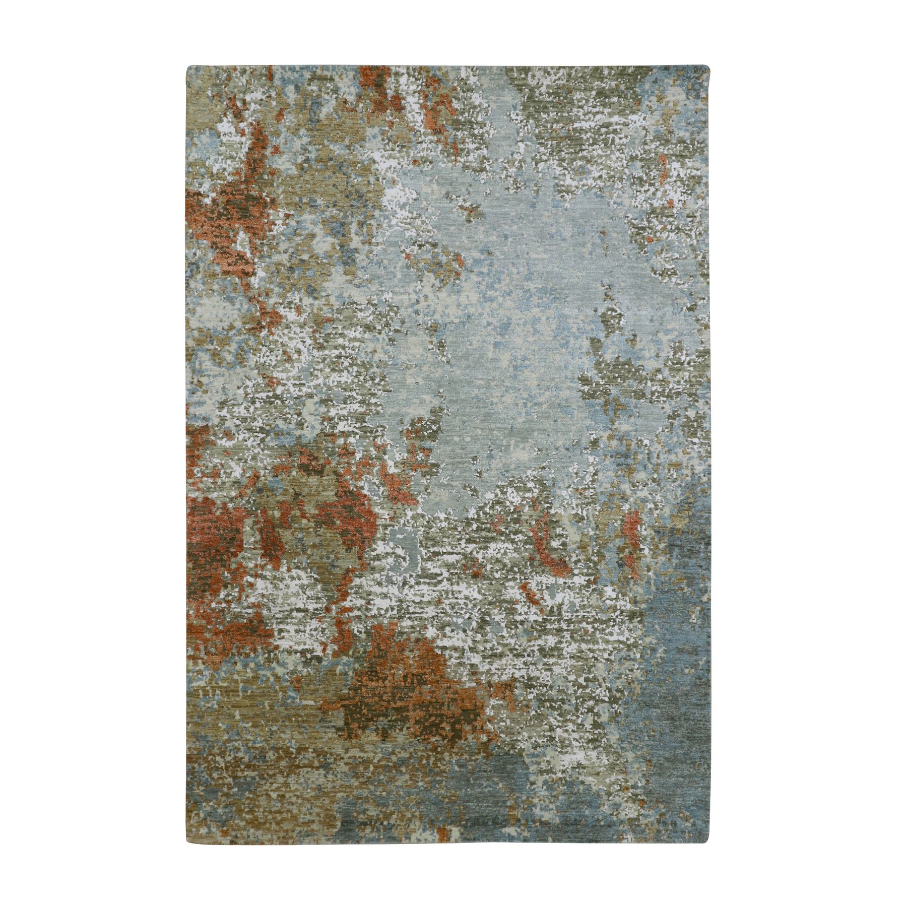 Misty Gray with Rust, Persian Knot, Abstract with Galaxy Design, 100% Wool, Hand Knotted, Densely Woven, Oriental Rug